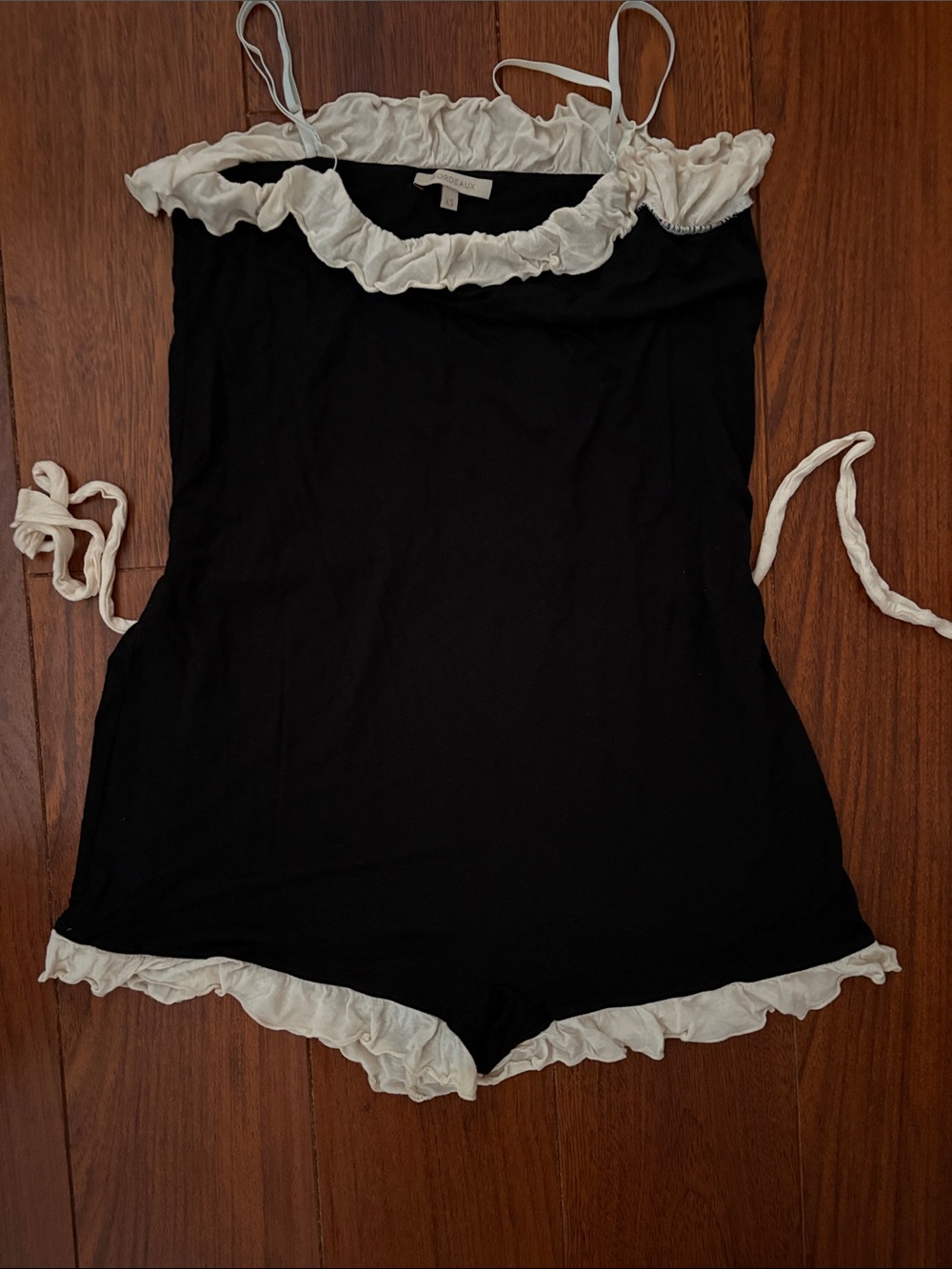 Bordeaux Black Cami Romper with Cream Ruffle Trim